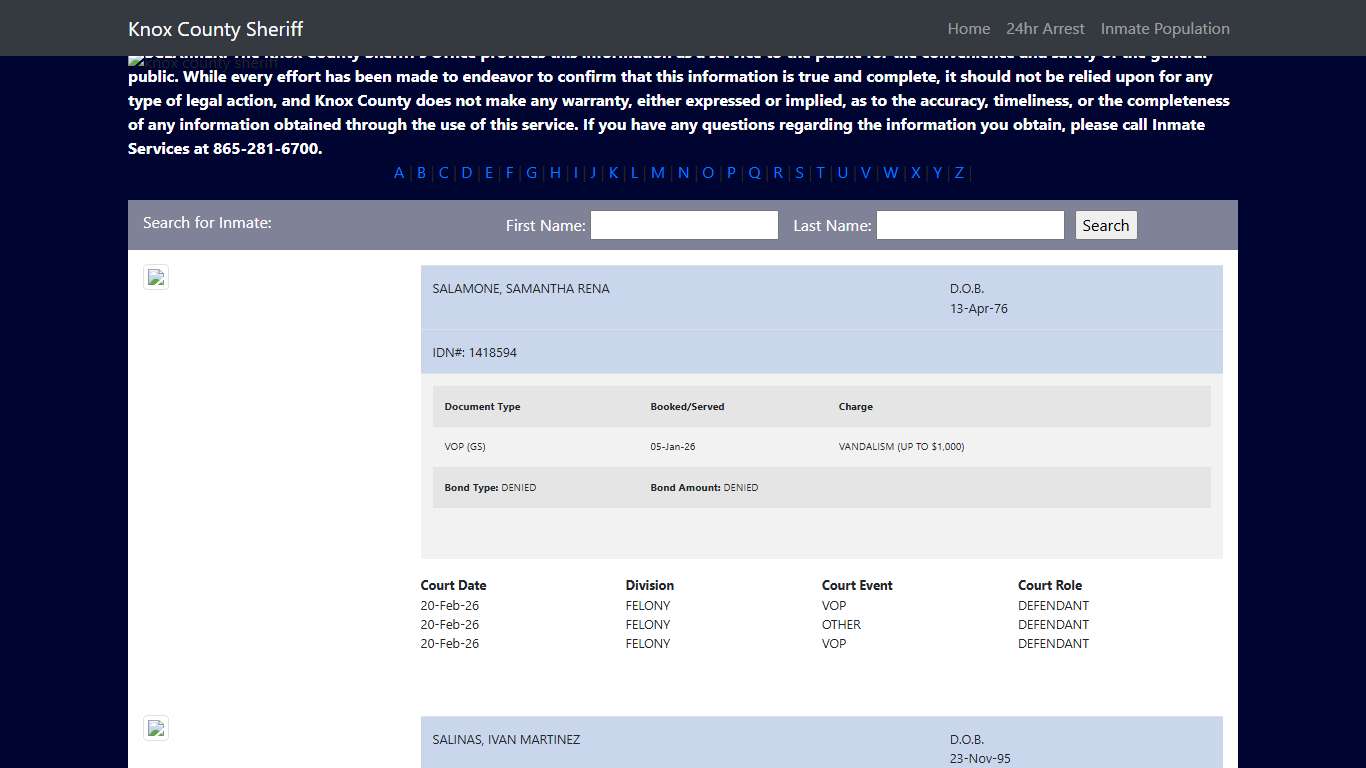 Knox County Tennessee - Sheriff - Inmate Population